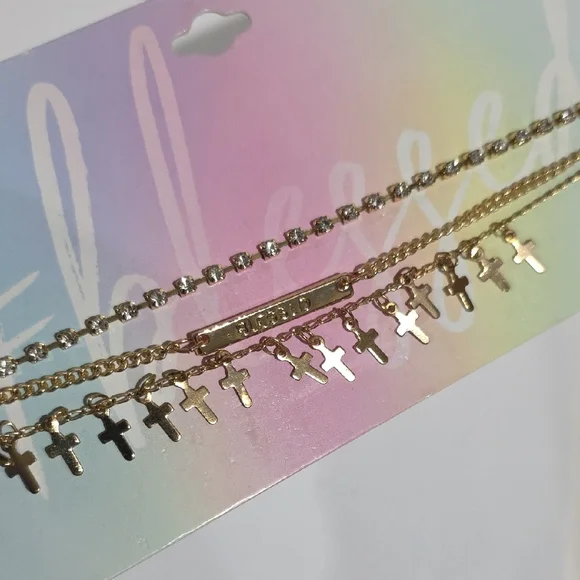 Layered Gold Cross Necklace Set – Blessed Faith Charm & Crystal Pendant Jewelry - Picture 7 of 9